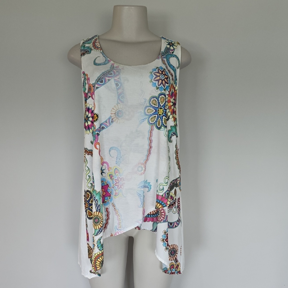 Desigual white colorful medallion print asymmetrical sleeveless top-XL
